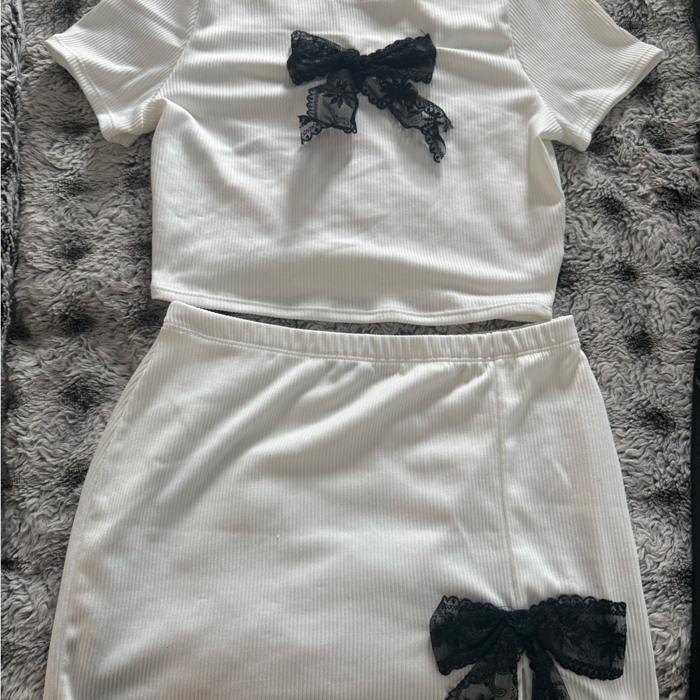 Fashion Nova White Ribbed Pencil Skirt with Black Lace Bow